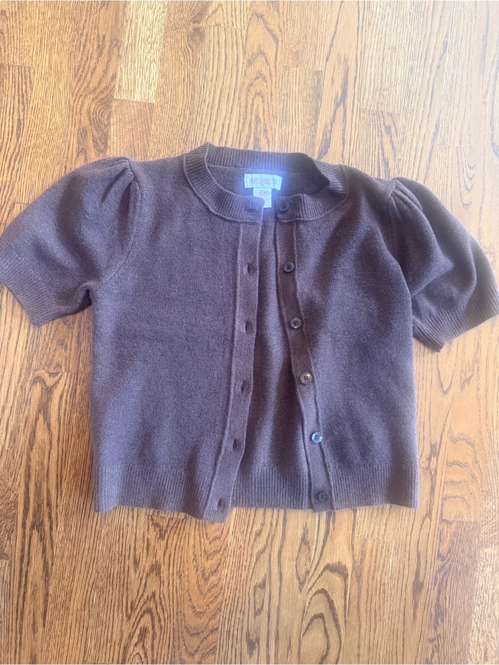 Paris Hilton Brown Button-Up Cardigan Sweater puff short sleeves Small